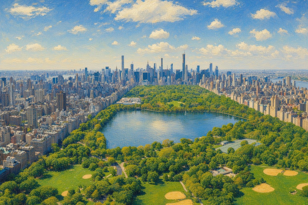 Aerial view of Central Park and the Manhattan skyline