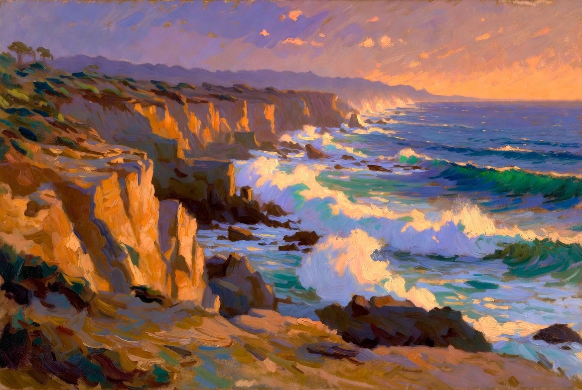 Surf breaking against a sunlit coastline at sunset